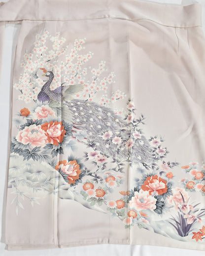 Wrap Skirt, Pale Pink Peacock and Floral Motif, Upcycled Kimono Fabric