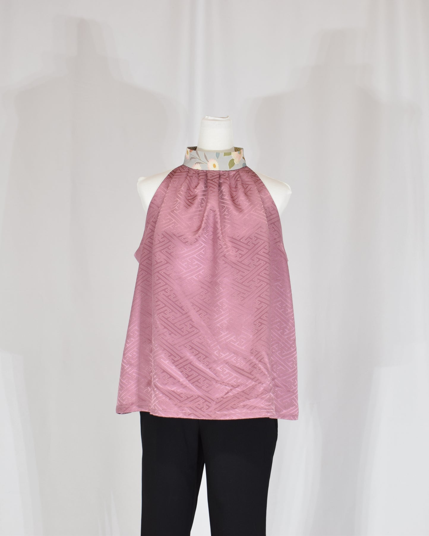 Halter Neck Blouse — Pale Pink Upcycled Kimono Fabric with Floral Detail