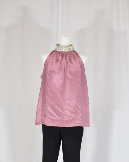 Halter Neck Blouse — Pale Pink Upcycled Kimono Fabric with Floral Detail