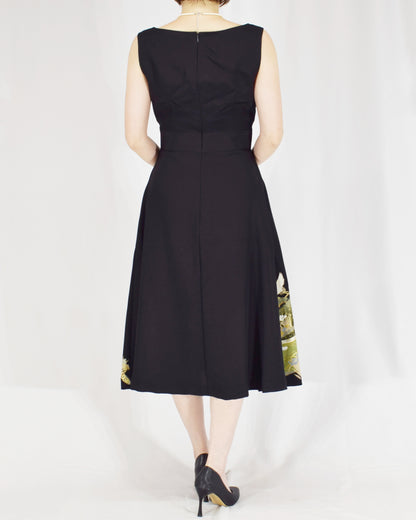 Sleeveless Dress — Black Upcycled Kimono Fabric with Crane and Bridge Scenic Motif