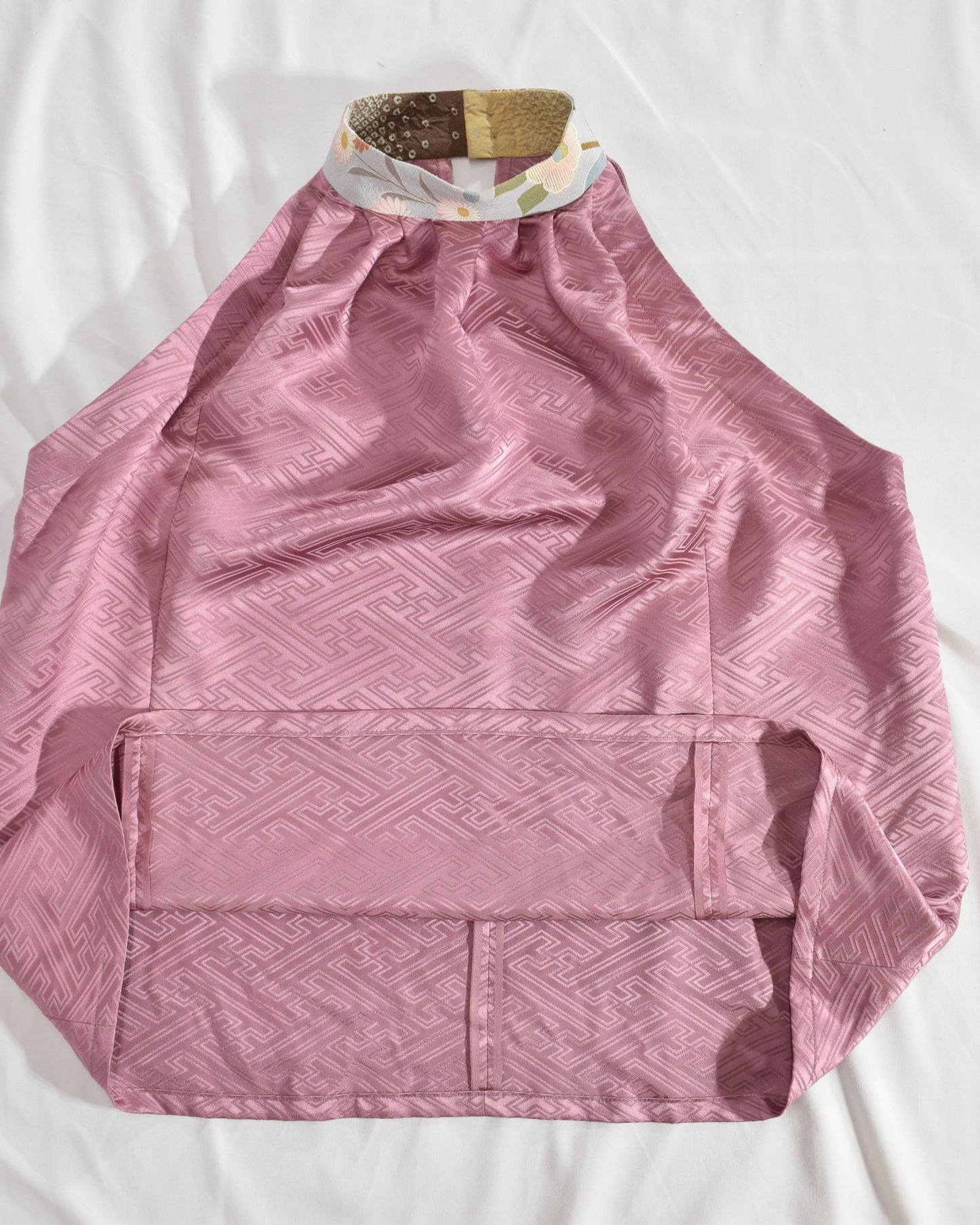 Halter Neck Blouse — Pale Pink Upcycled Kimono Fabric with Floral Detail