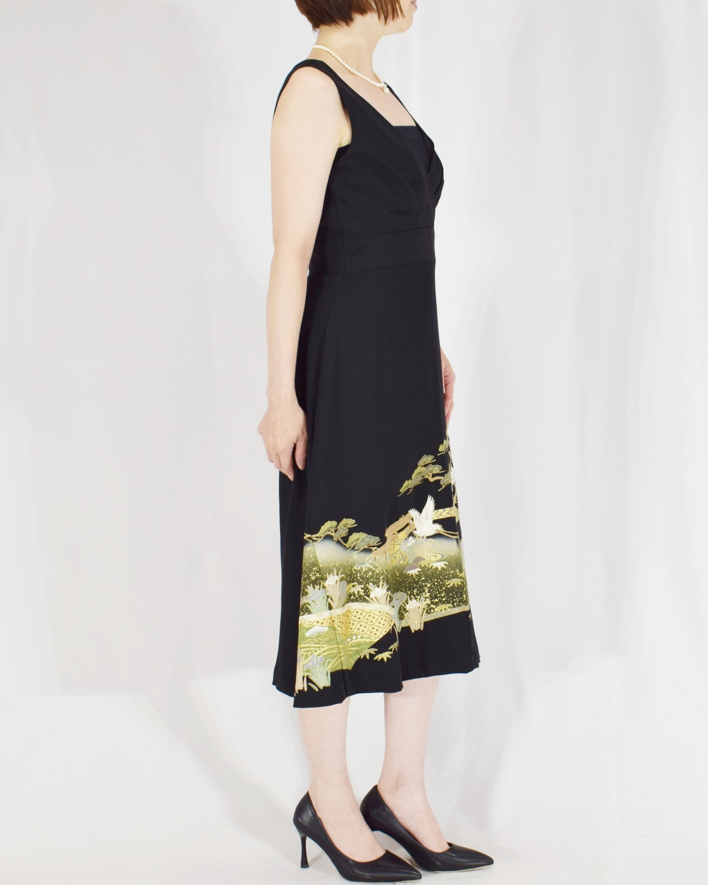 Sleeveless Dress — Black Upcycled Kimono Fabric with Crane and Bridge Scenic Motif