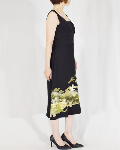 Sleeveless Dress — Black Upcycled Kimono Fabric with Crane and Bridge Scenic Motif
