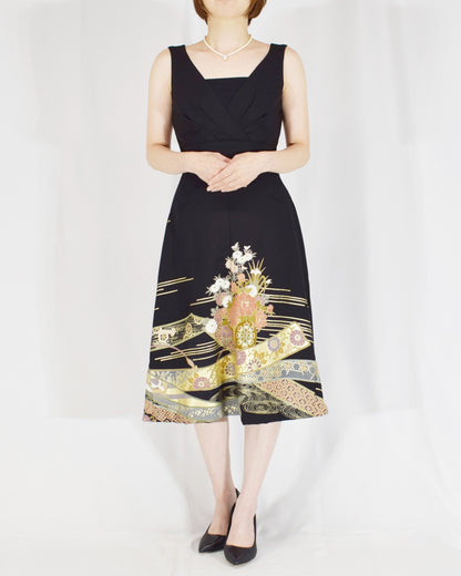 Sleeveless Dress — Black Upcycled Kimono Fabric with Floral Bouquet and Flowing Water Motif