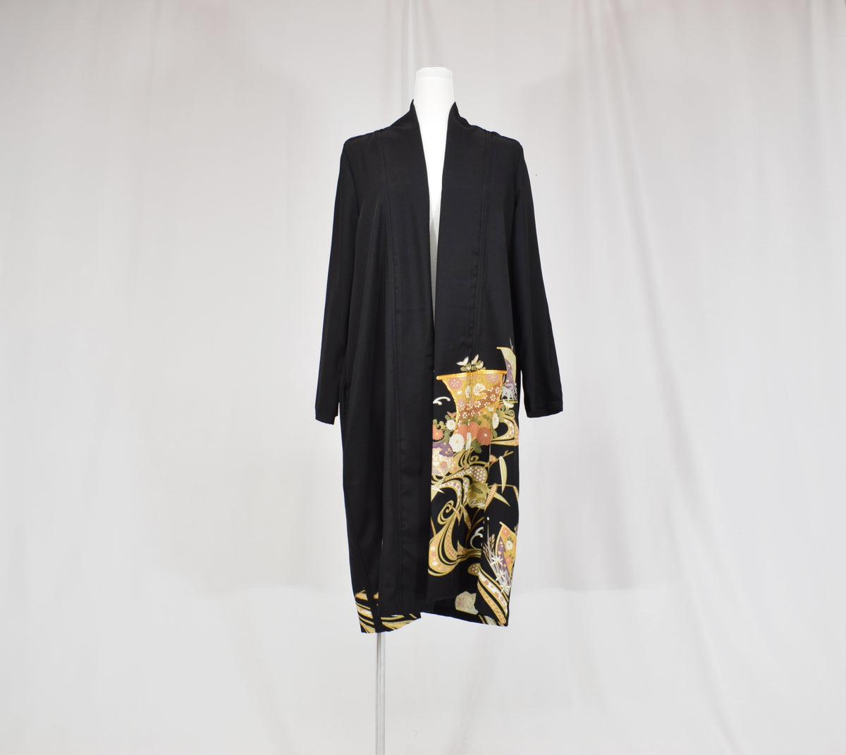 Haori Jacket, Black Classical and Floral Motifs, Upcycled Kimono Fabric