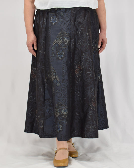 Eight-Panel Skirt, Navy Diamond Geometric and Botanical Motifs, Upcycled Kimono Fabric