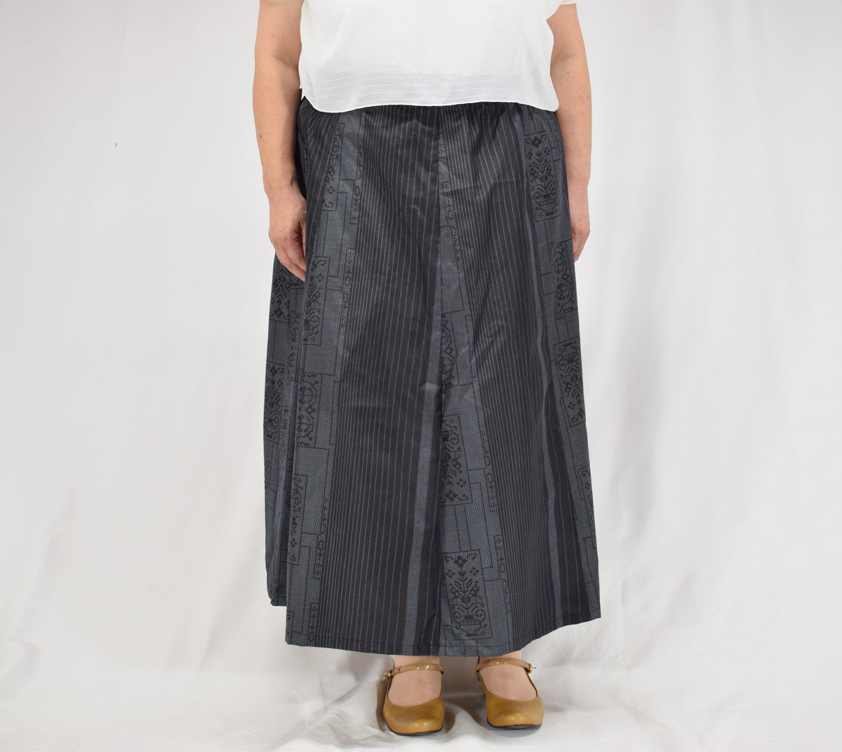 Eight-Panel Skirt, Navy Stripe and Geometric Motifs, Upcycled Kimono Fabric