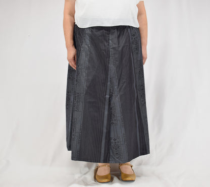 Eight-Panel Skirt, Navy Stripe and Geometric Motifs, Upcycled Kimono Fabric