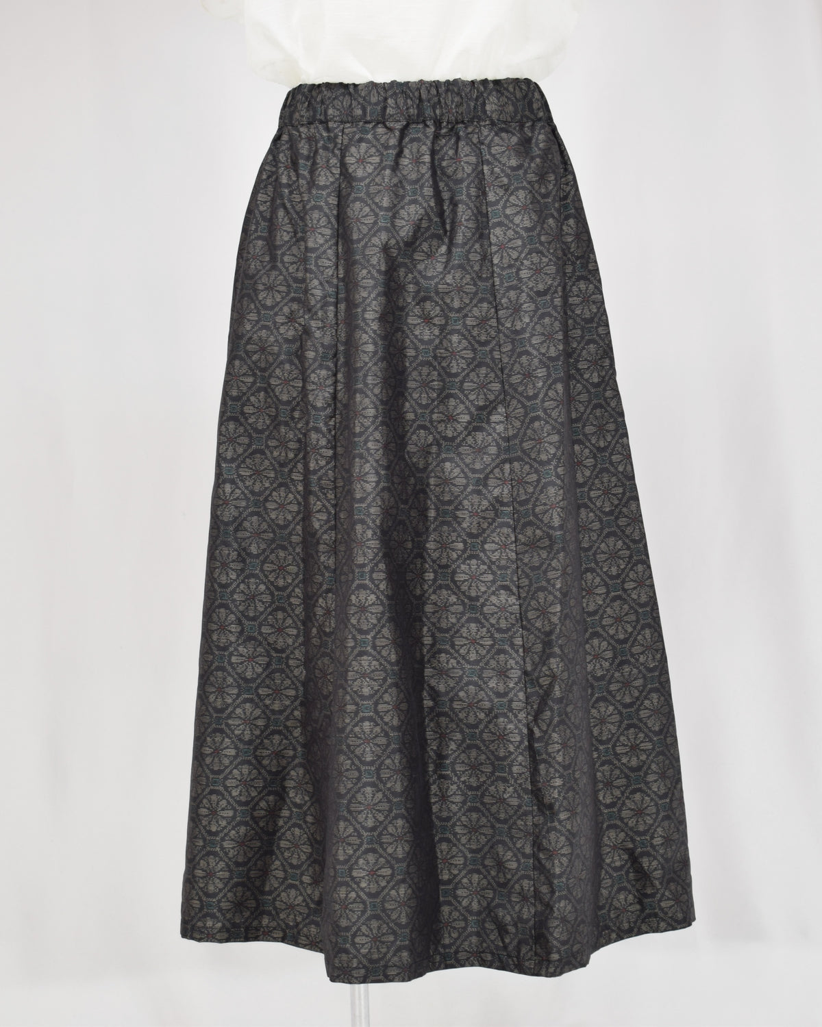 Six-Panel Skirt, Navy Circular Geometric Motif, Upcycled Kimono Fabric