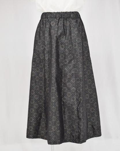 Six-Panel Skirt, Navy Circular Geometric Motif, Upcycled Kimono Fabric