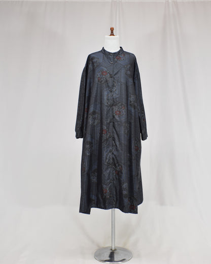 Long Shirt Dress, Navy Hexagonal and Floral Motifs, Upcycled Kimono Fabric