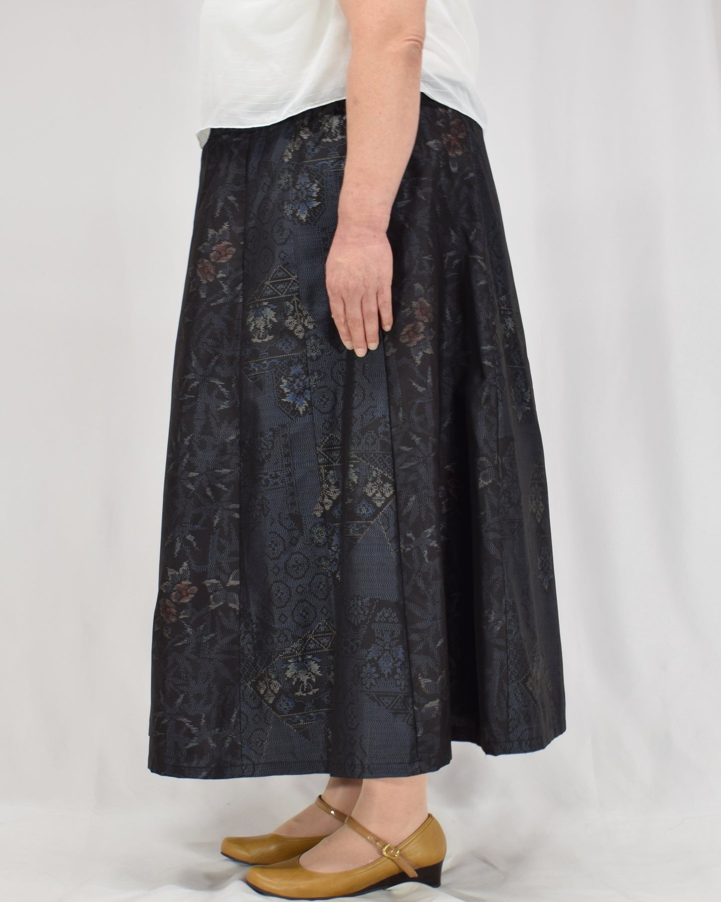 Eight-Panel Skirt, Navy Diamond Geometric and Botanical Motifs, Upcycled Kimono Fabric