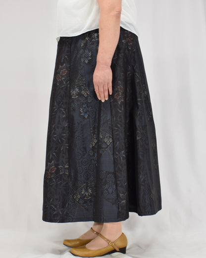 Eight-Panel Skirt, Navy Diamond Geometric and Botanical Motifs, Upcycled Kimono Fabric