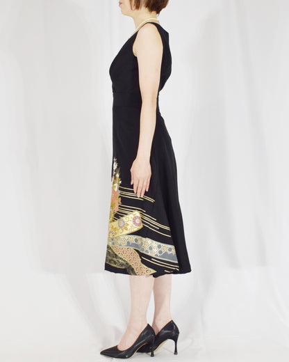 Sleeveless Dress — Black Upcycled Kimono Fabric with Floral Bouquet and Flowing Water Motif
