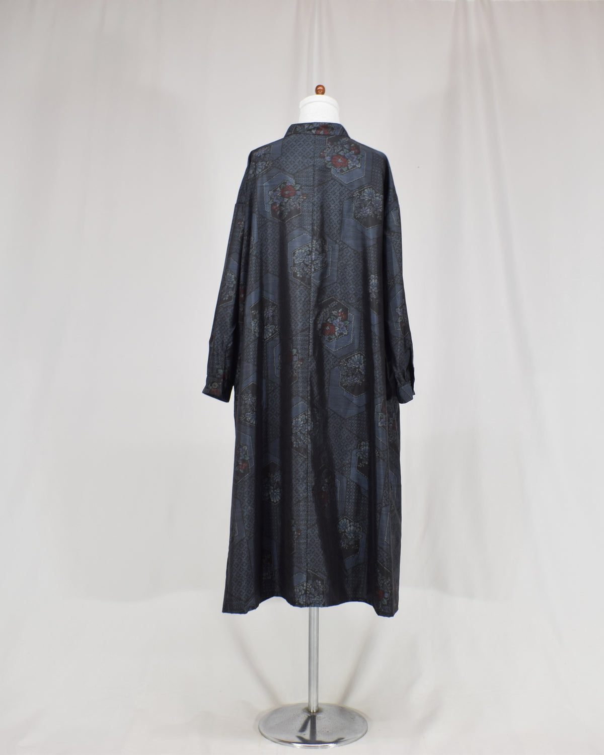 Long Shirt Dress, Navy Hexagonal and Floral Motifs, Upcycled Kimono Fabric