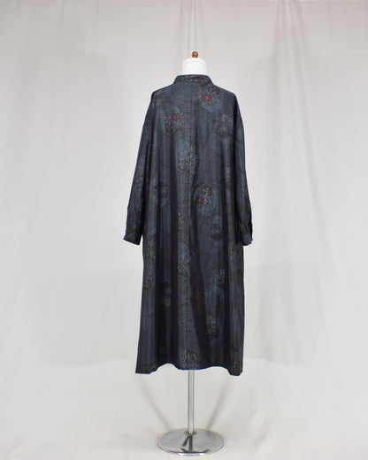 Long Shirt Dress, Navy Hexagonal and Floral Motifs, Upcycled Kimono Fabric