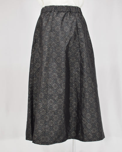 Six-Panel Skirt, Navy Circular Geometric Motif, Upcycled Kimono Fabric