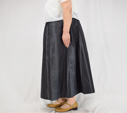 Eight-Panel Skirt, Navy Stripe and Geometric Motifs, Upcycled Kimono Fabric