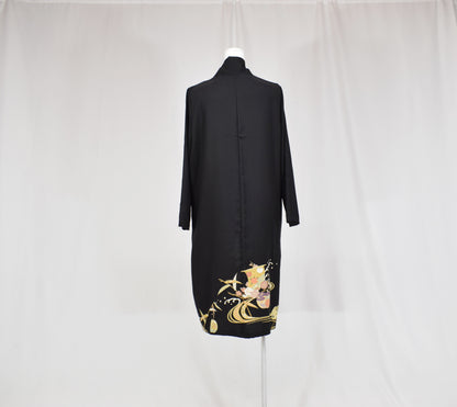 Haori Jacket, Black Classical and Floral Motifs, Upcycled Kimono Fabric