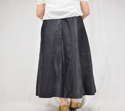 Eight-Panel Skirt, Navy Stripe and Geometric Motifs, Upcycled Kimono Fabric