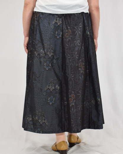 Eight-Panel Skirt, Navy Diamond Geometric and Botanical Motifs, Upcycled Kimono Fabric