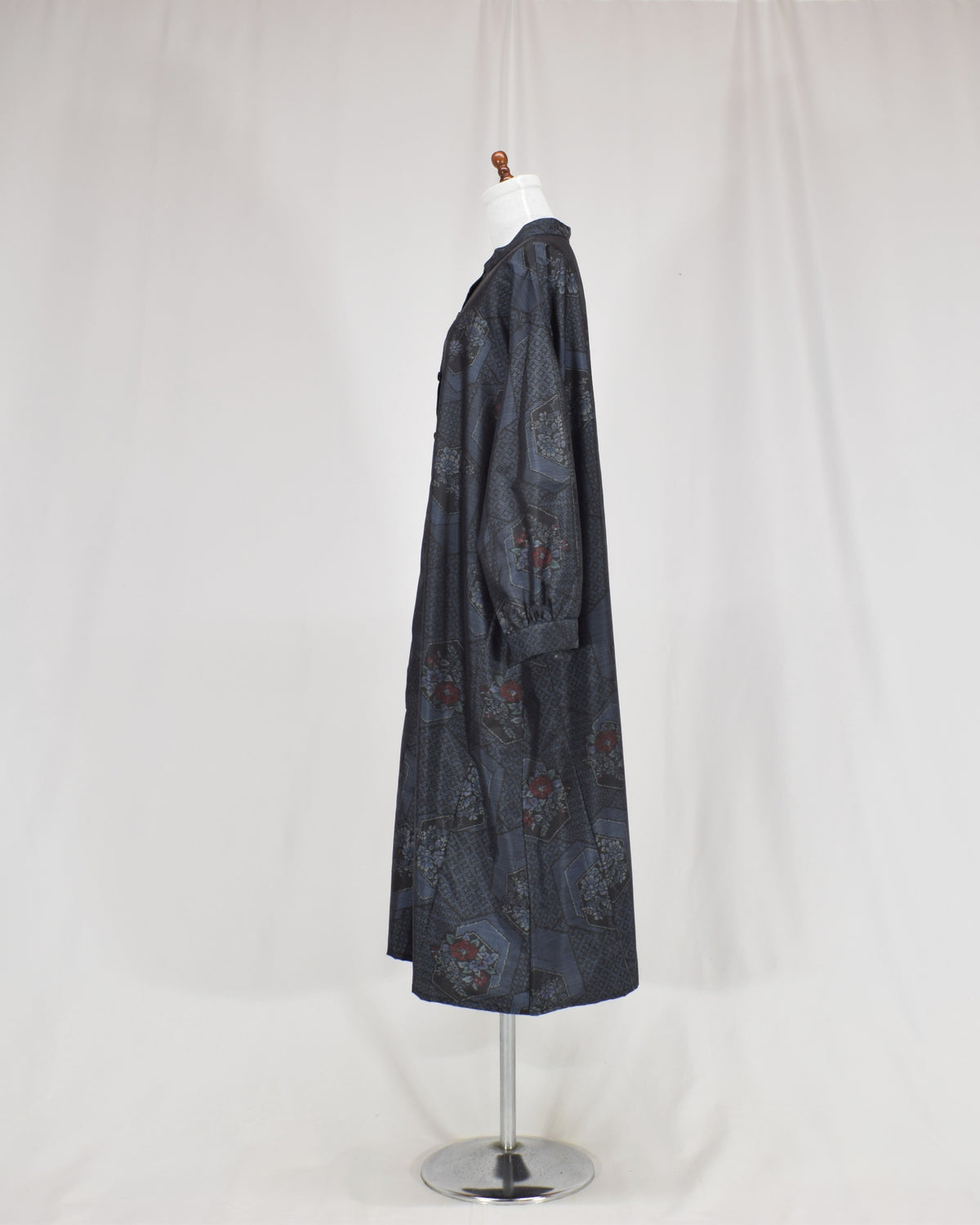 Long Shirt Dress, Navy Hexagonal and Floral Motifs, Upcycled Kimono Fabric