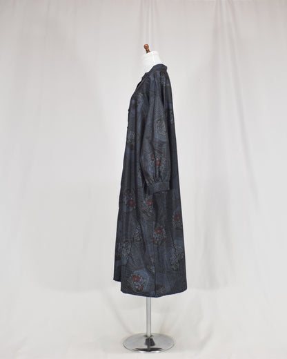 Long Shirt Dress, Navy Hexagonal and Floral Motifs, Upcycled Kimono Fabric