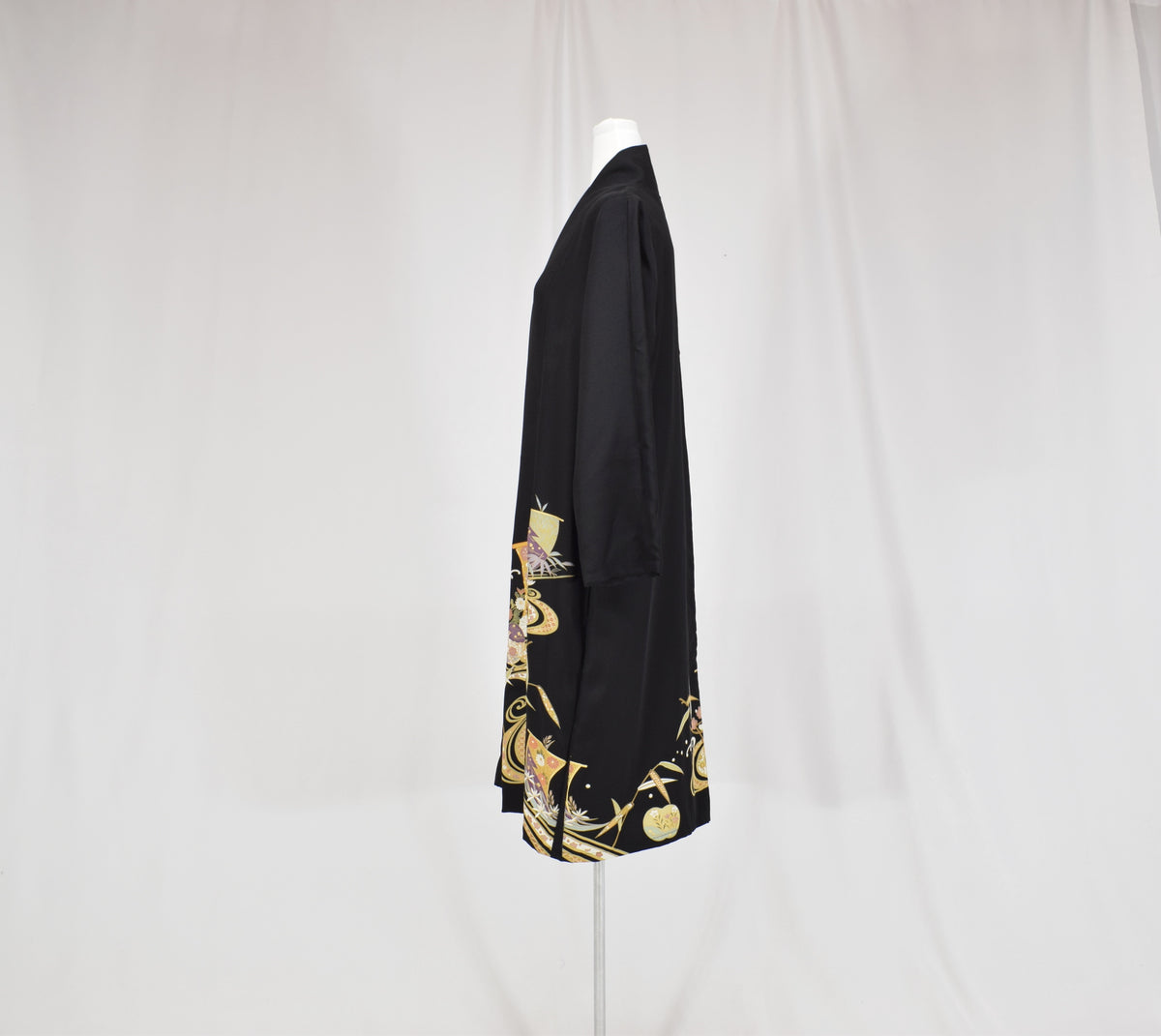 Haori Jacket, Black Classical and Floral Motifs, Upcycled Kimono Fabric