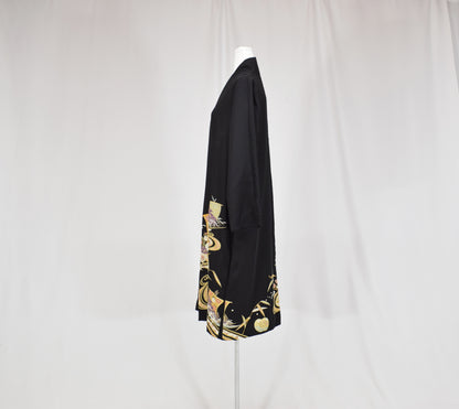 Haori Jacket, Black Classical and Floral Motifs, Upcycled Kimono Fabric