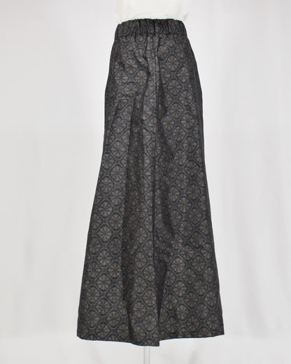 Six-Panel Skirt, Navy Circular Geometric Motif, Upcycled Kimono Fabric