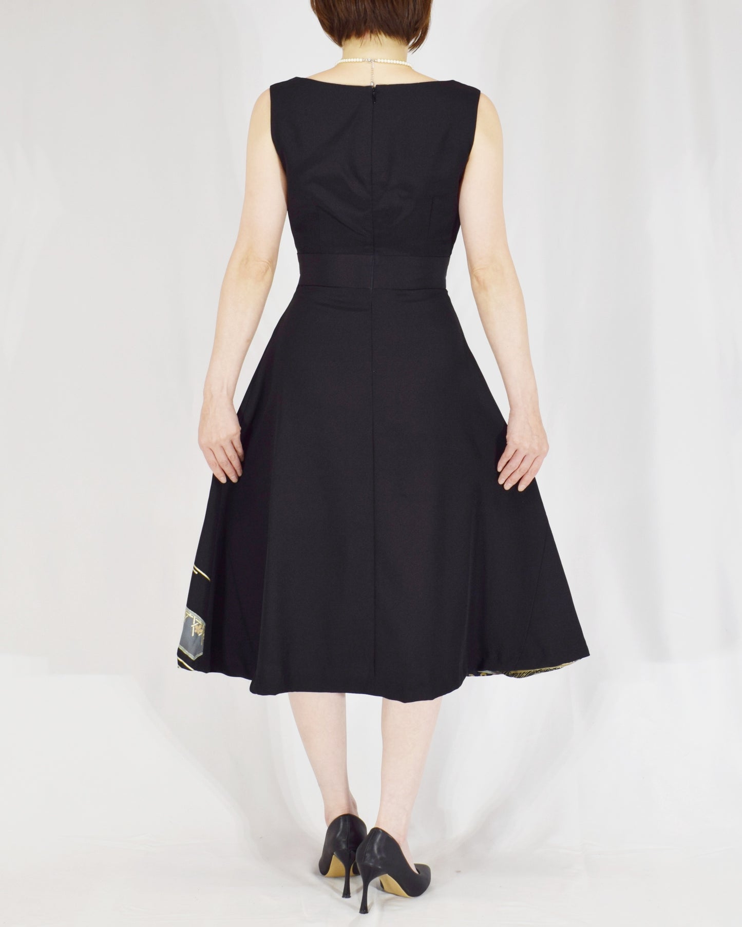 Sleeveless Dress — Black Upcycled Kimono Fabric with Floral Bouquet and Flowing Water Motif