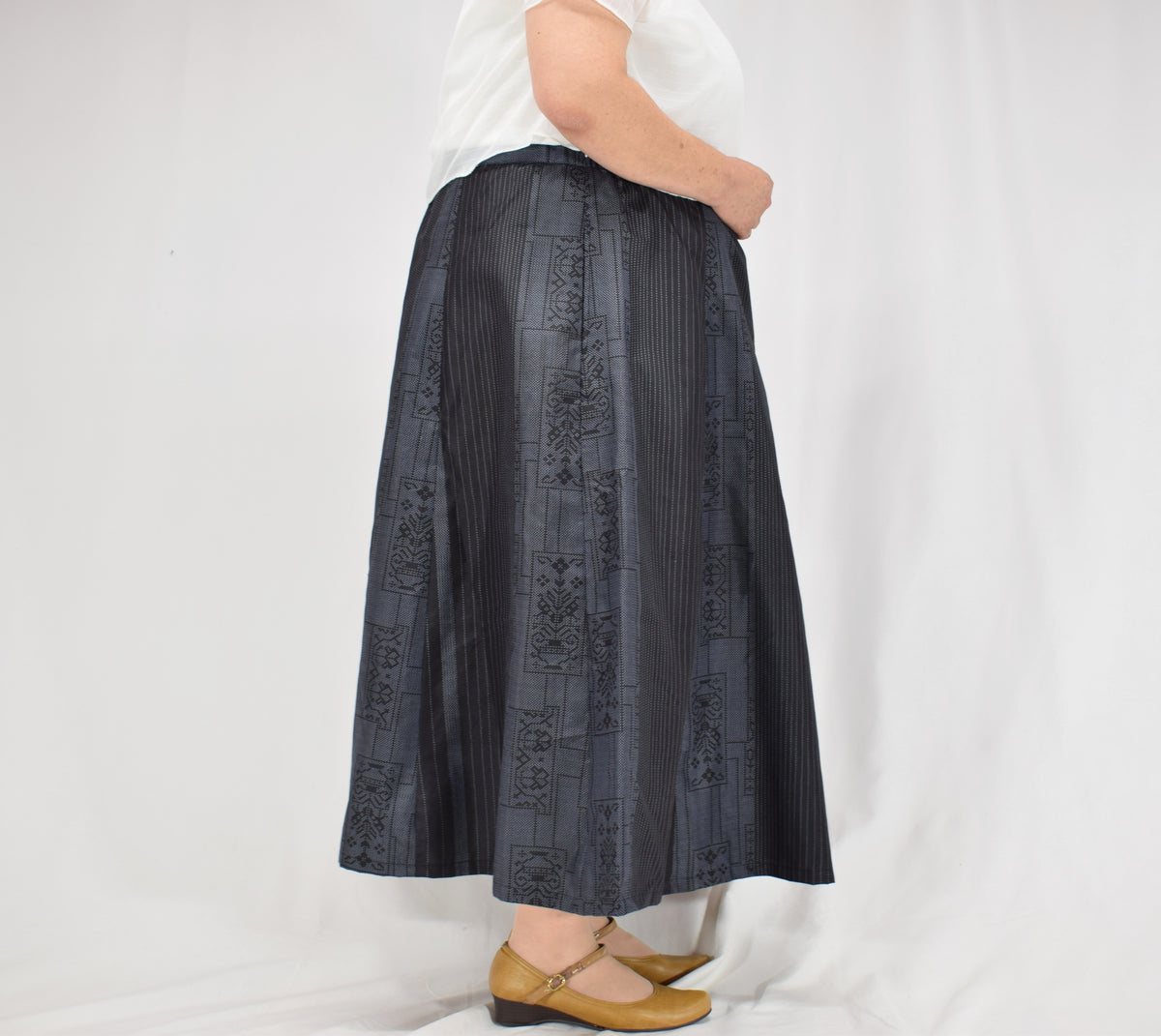 Eight-Panel Skirt, Navy Stripe and Geometric Motifs, Upcycled Kimono Fabric