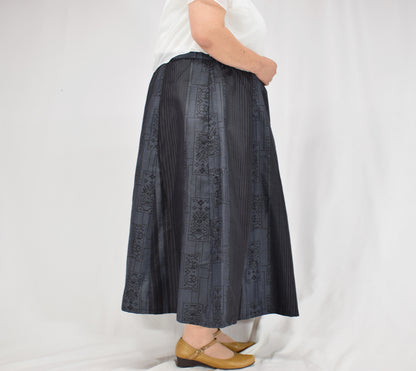 Eight-Panel Skirt, Navy Stripe and Geometric Motifs, Upcycled Kimono Fabric