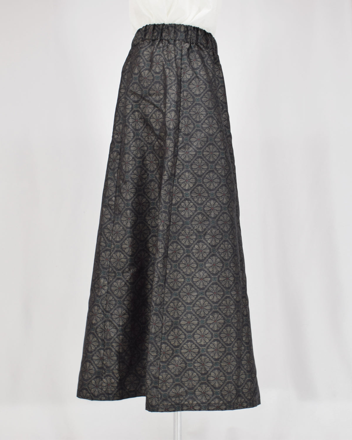 Six-Panel Skirt, Navy Circular Geometric Motif, Upcycled Kimono Fabric