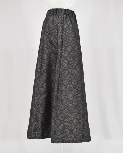 Six-Panel Skirt, Navy Circular Geometric Motif, Upcycled Kimono Fabric