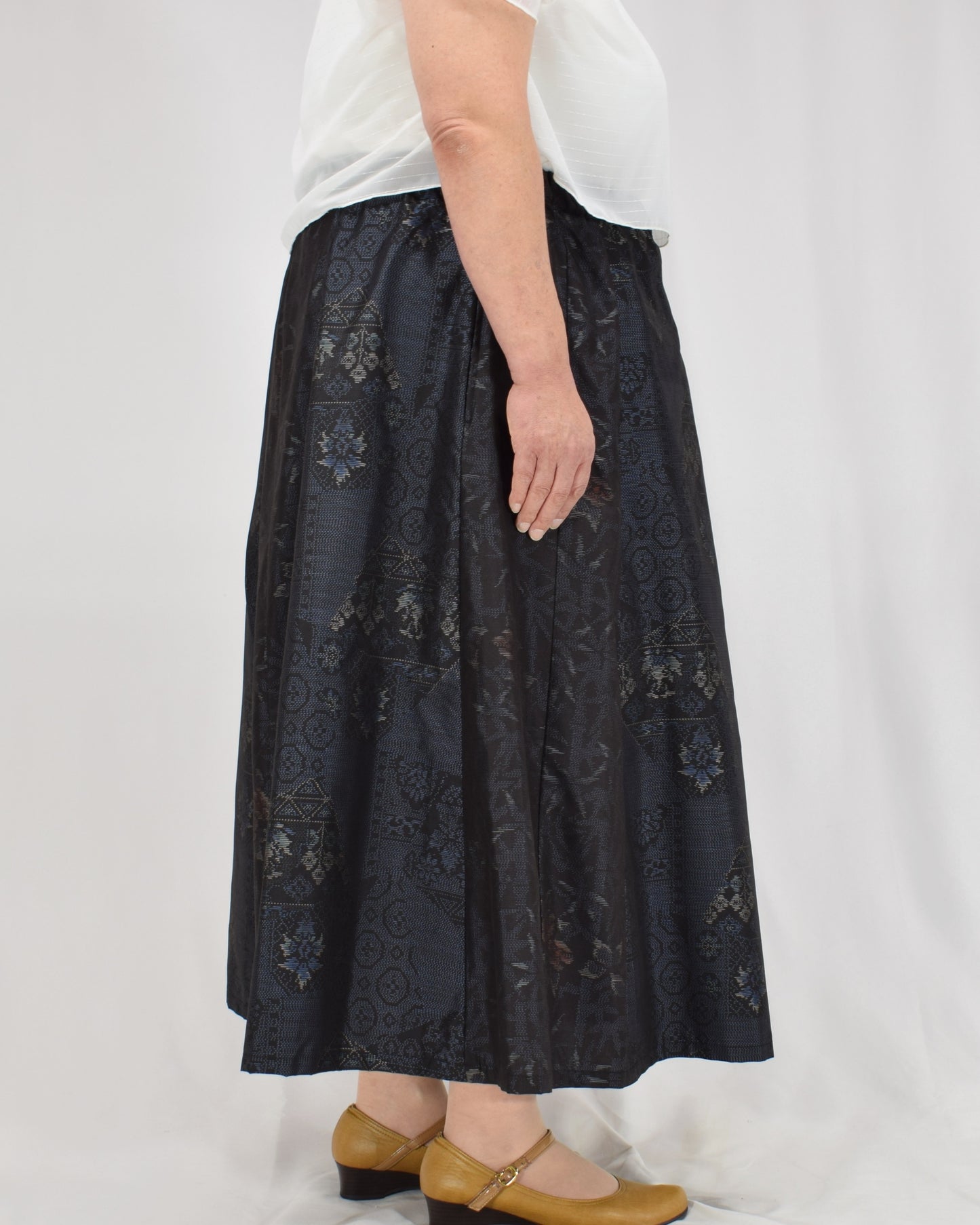 Eight-Panel Skirt, Navy Diamond Geometric and Botanical Motifs, Upcycled Kimono Fabric