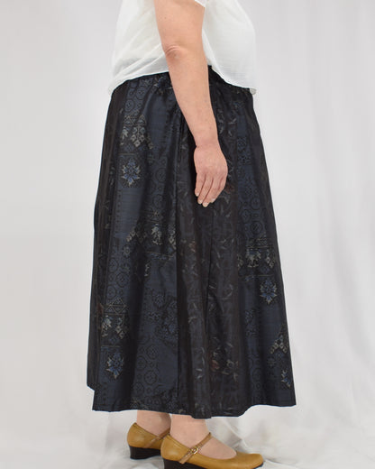 Eight-Panel Skirt, Navy Diamond Geometric and Botanical Motifs, Upcycled Kimono Fabric