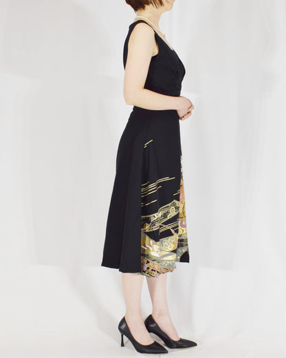 Sleeveless Dress — Black Upcycled Kimono Fabric with Floral Bouquet and Flowing Water Motif