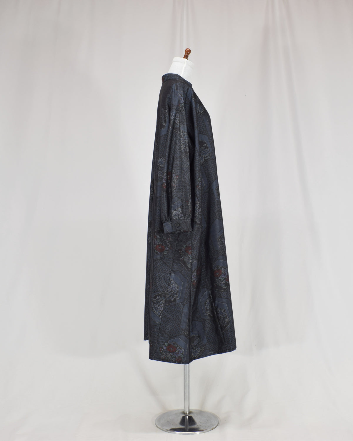 Long Shirt Dress, Navy Hexagonal and Floral Motifs, Upcycled Kimono Fabric