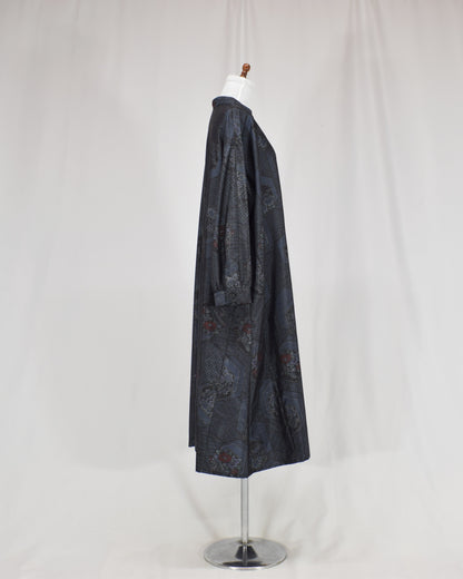 Long Shirt Dress, Navy Hexagonal and Floral Motifs, Upcycled Kimono Fabric