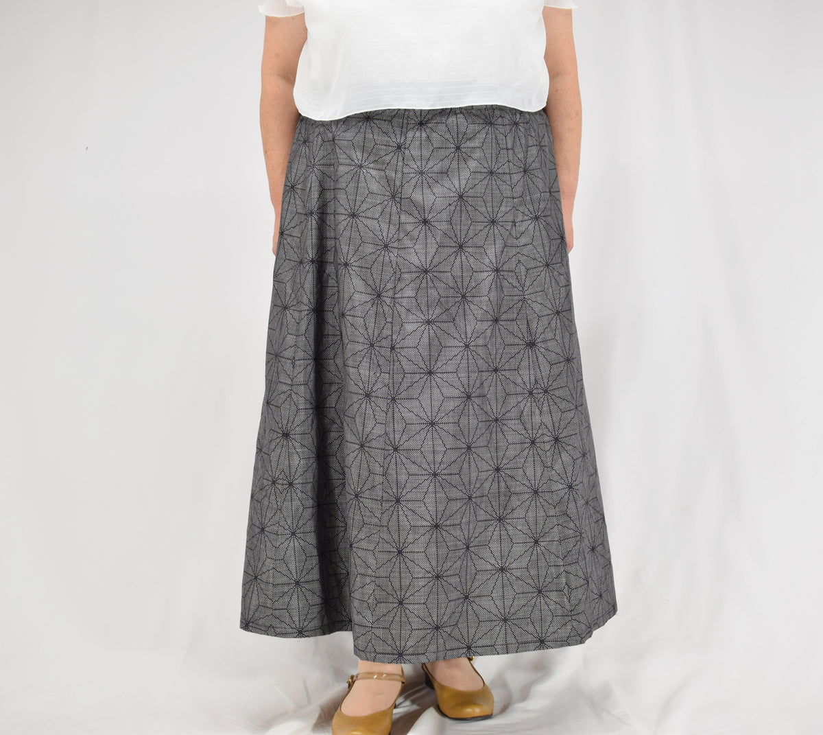 Eight-Panel Skirt, Gray Hemp Leaf Motif, Upcycled Kimono Fabric