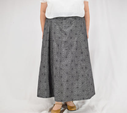 Eight-Panel Skirt, Gray Hemp Leaf Motif, Upcycled Kimono Fabric