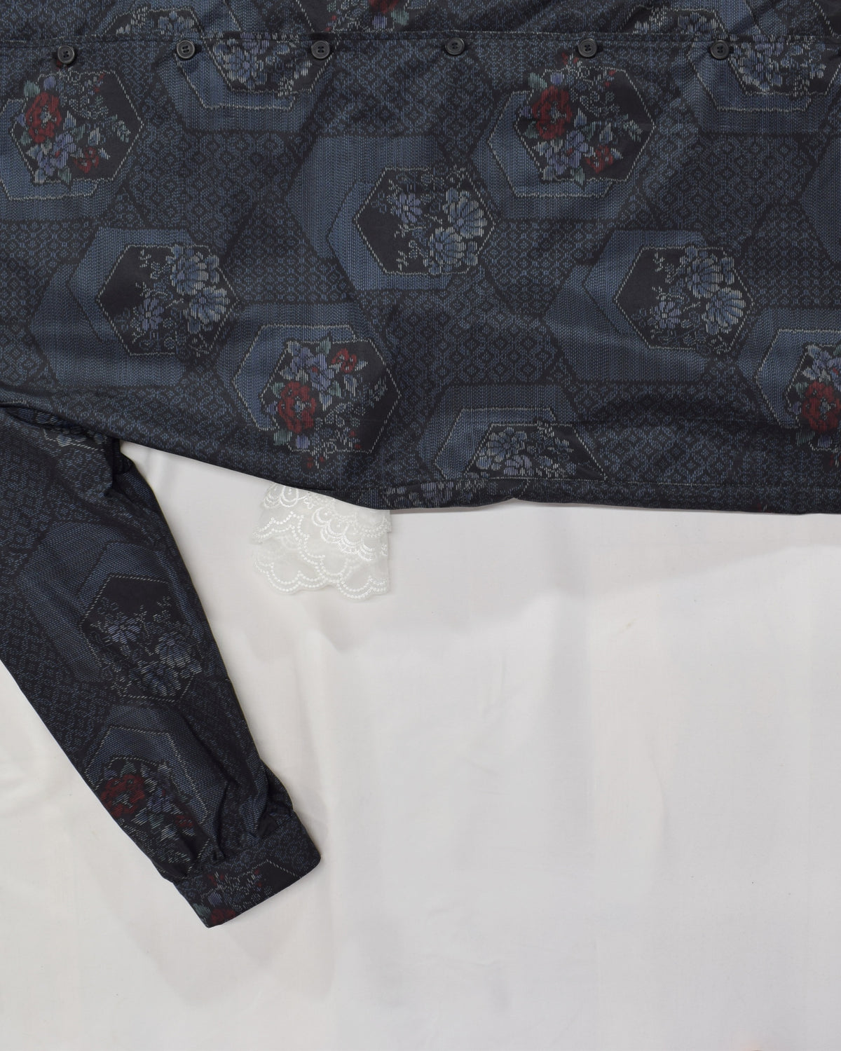 Long Shirt Dress, Navy Hexagonal and Floral Motifs, Upcycled Kimono Fabric