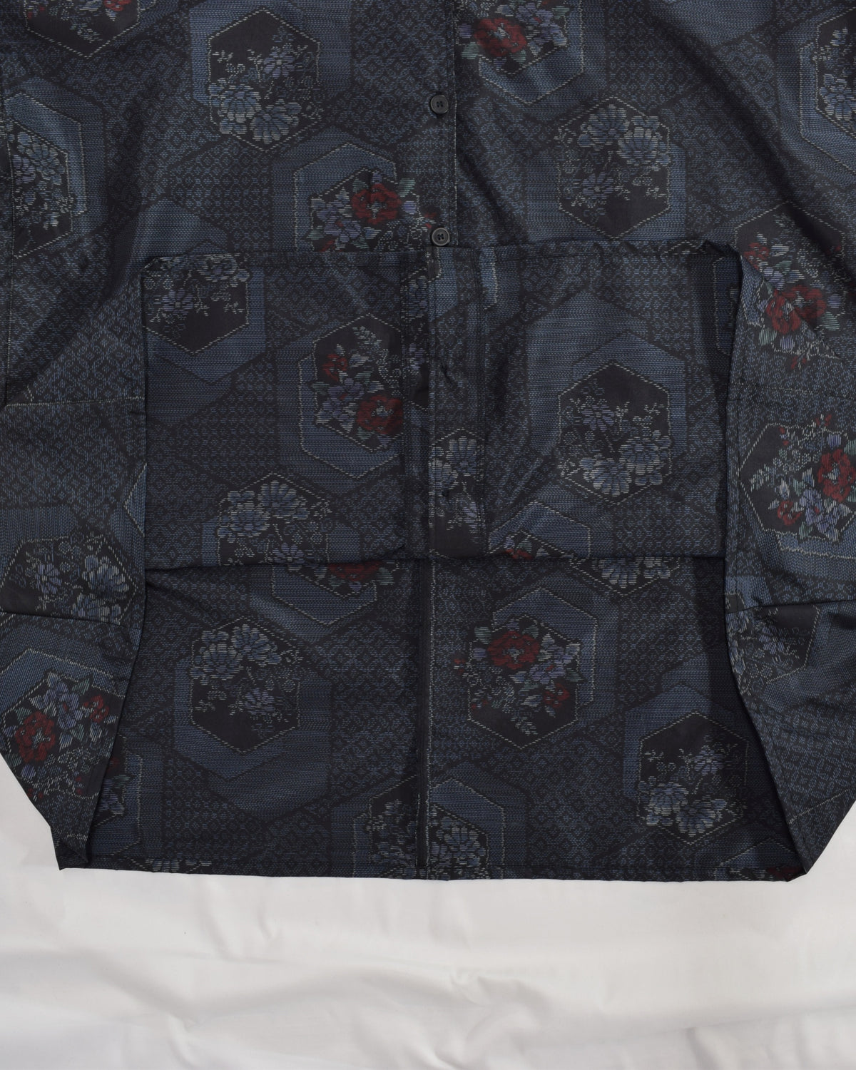 Long Shirt Dress, Navy Hexagonal and Floral Motifs, Upcycled Kimono Fabric
