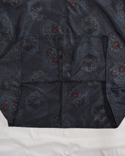 Long Shirt Dress, Navy Hexagonal and Floral Motifs, Upcycled Kimono Fabric