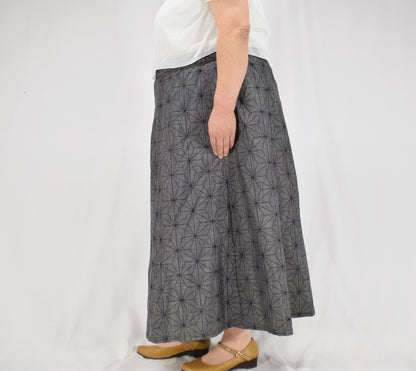 Eight-Panel Skirt, Gray Hemp Leaf Motif, Upcycled Kimono Fabric