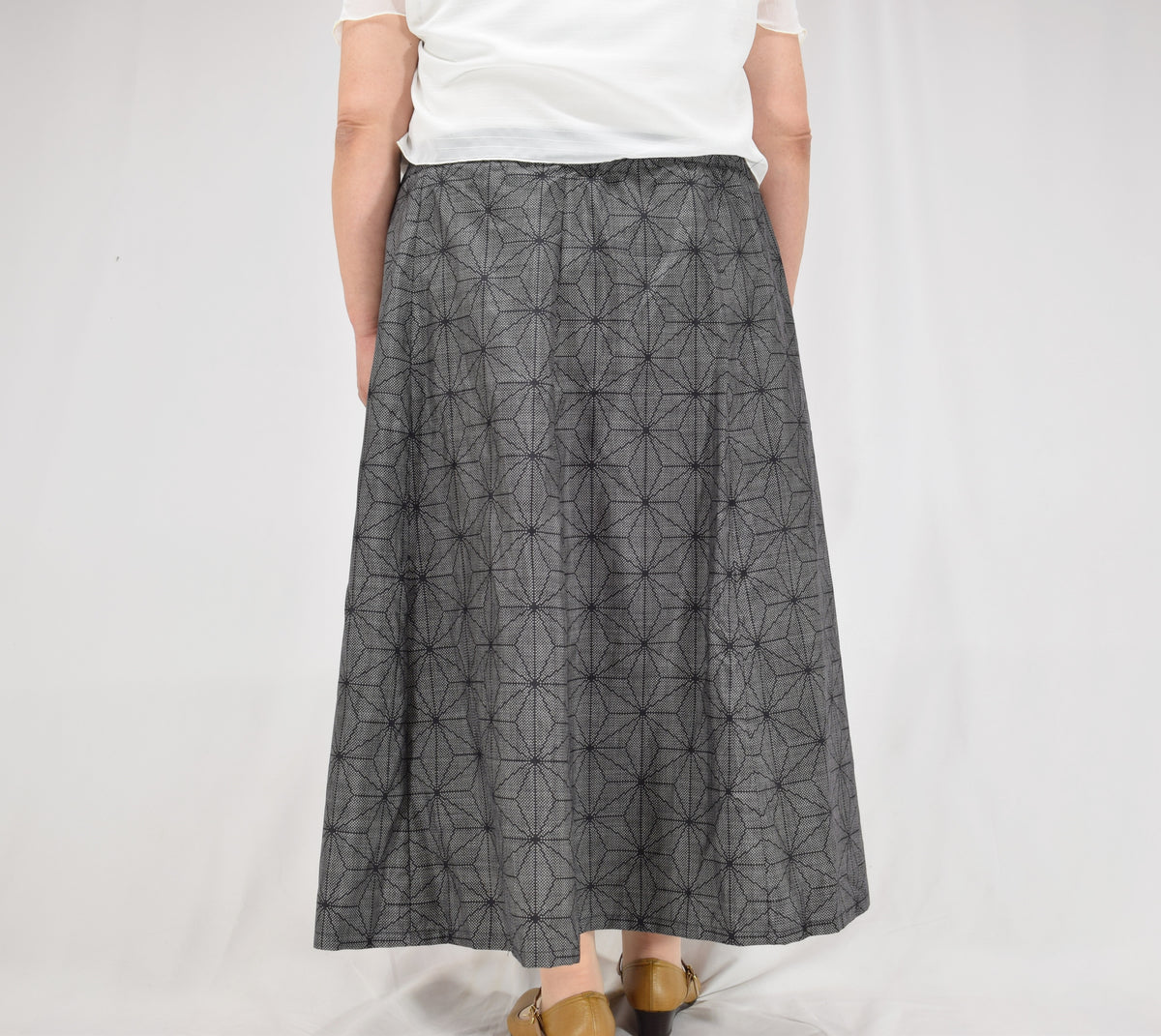 Eight-Panel Skirt, Gray Hemp Leaf Motif, Upcycled Kimono Fabric