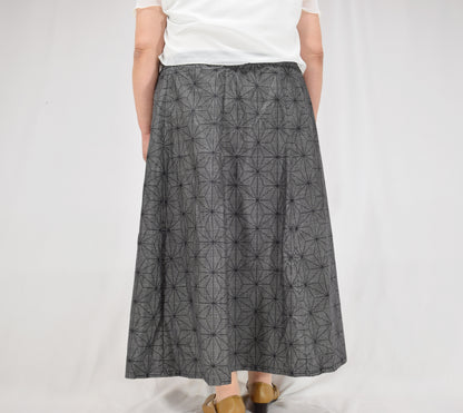 Eight-Panel Skirt, Gray Hemp Leaf Motif, Upcycled Kimono Fabric