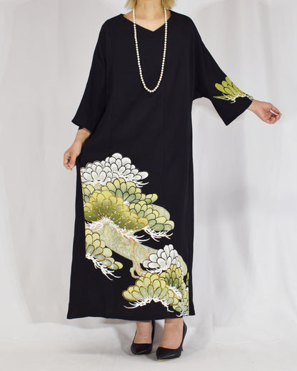 Elegant Kimono Dress, Chrysanthemum Motif, Upcycled Tomesode Fabric
