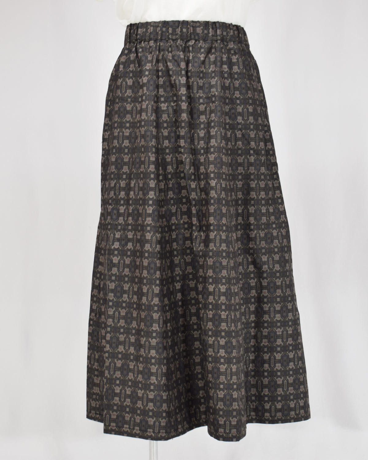 Six-Panel Skirt, Dark Brown Geometric Motif, Upcycled Kimono Fabric